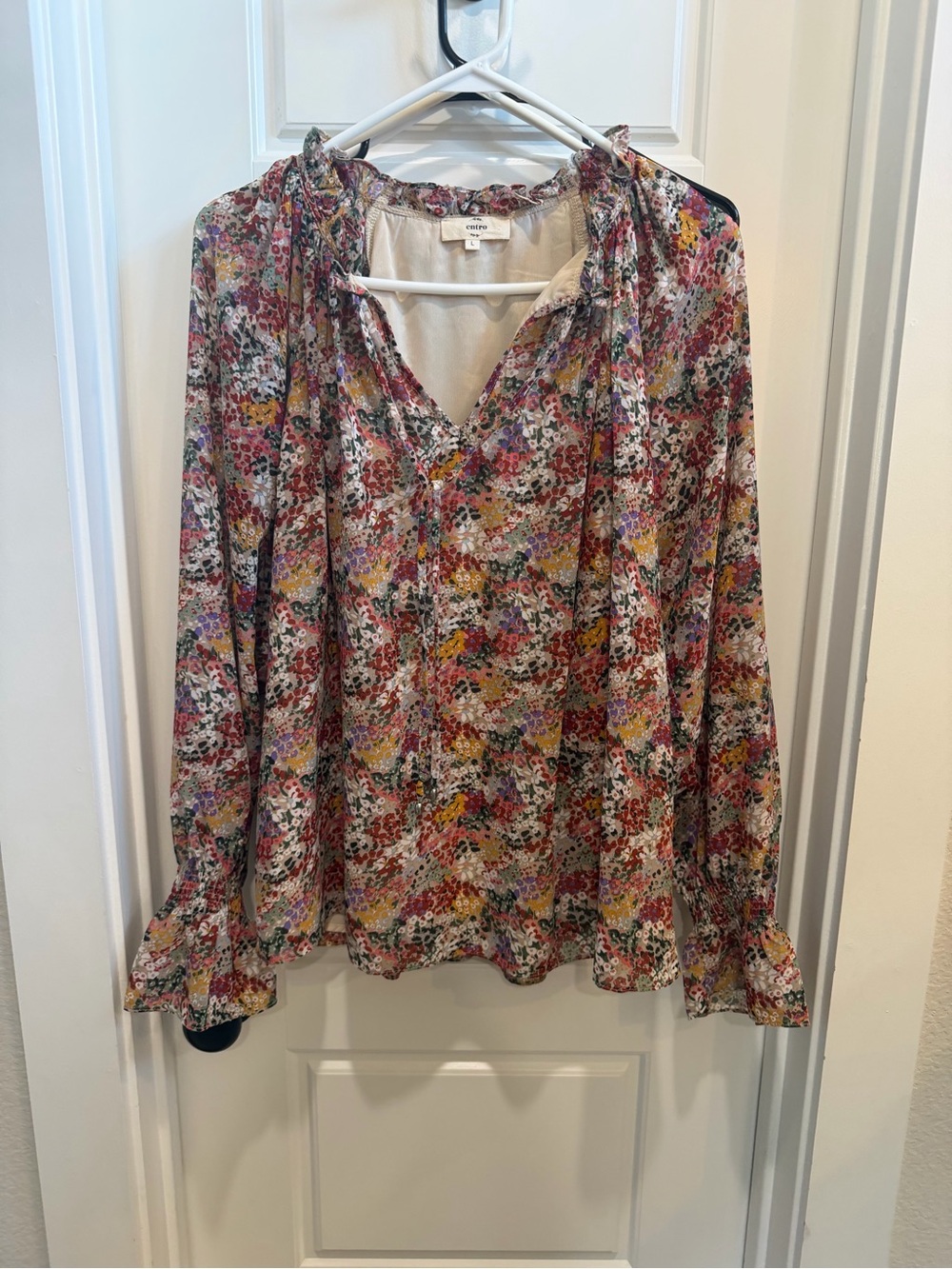entro Floral V-Neck Long Sleeve Blouse in Multi Pink, Yellow & Cream
